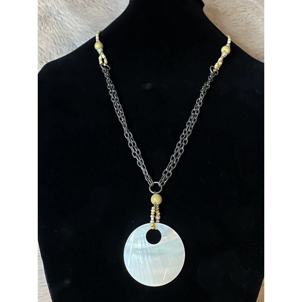Mother of Pearl/Sea Shell Beaded Necklace, Wood, Metal Chain, Tribal,Boho,Hippie